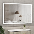 Oversized silver LED bathroom mirror with 3 color modes illuminating modern bedroom interior - Elirian