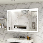 Modern LED bathroom mirror with silver frame, adjustable lighting, and marble tile surround - Elirian