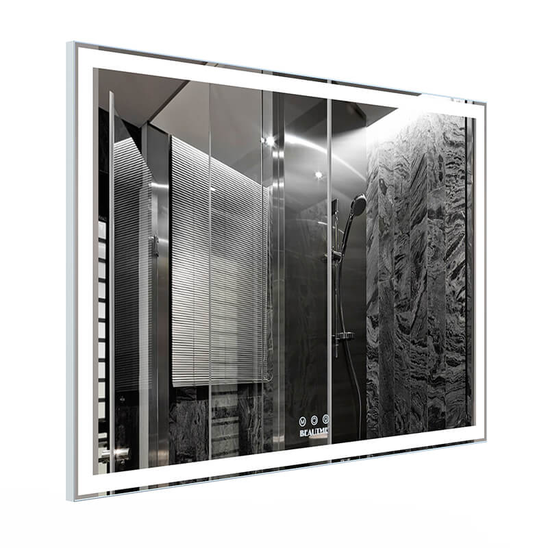 Modern oversized LED bathroom mirror with silver frame and smart lighting controls - Elirian