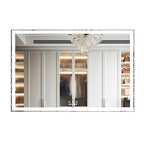Oversized silver LED bathroom mirror with illuminated shelving and modern white cabinetry - Elirian
