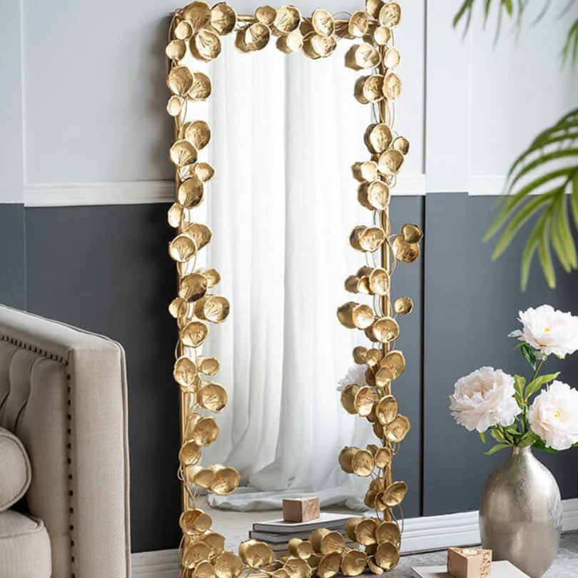 61" Solid Wood Full Length Floor Mirror with Gold Leaf Accents