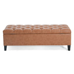 Cognac Brown Button Tufted Storage Ottoman in Faux Leather - Elirian