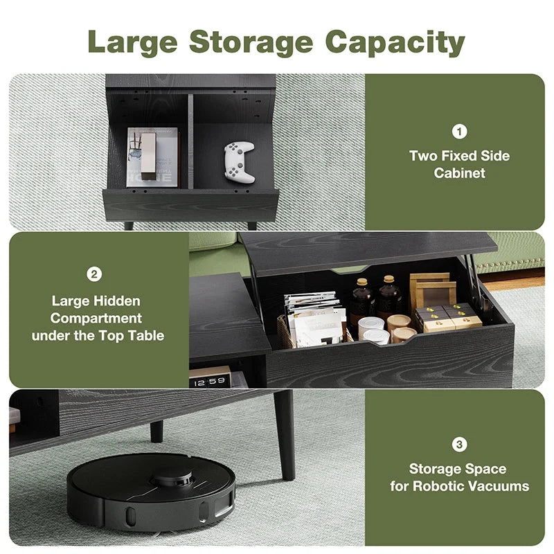 Black Lift Top Coffee Table with Hidden Storage - Elirian