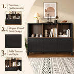 Black Fluted 3-Door Storage Cabinet with Open Display Shelves - Elirian