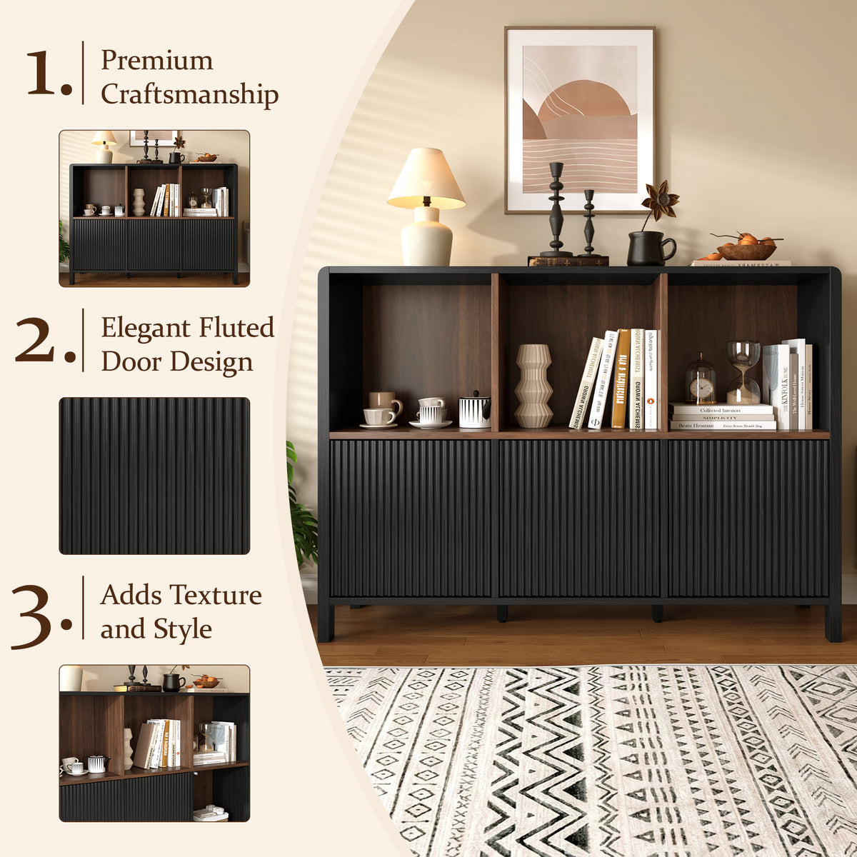 Black Fluted 3-Door Storage Cabinet with Open Display Shelves - Elirian