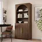 Walnut Arched Bookcase with Storage Cabinet and Open Display Shelves - Elirian