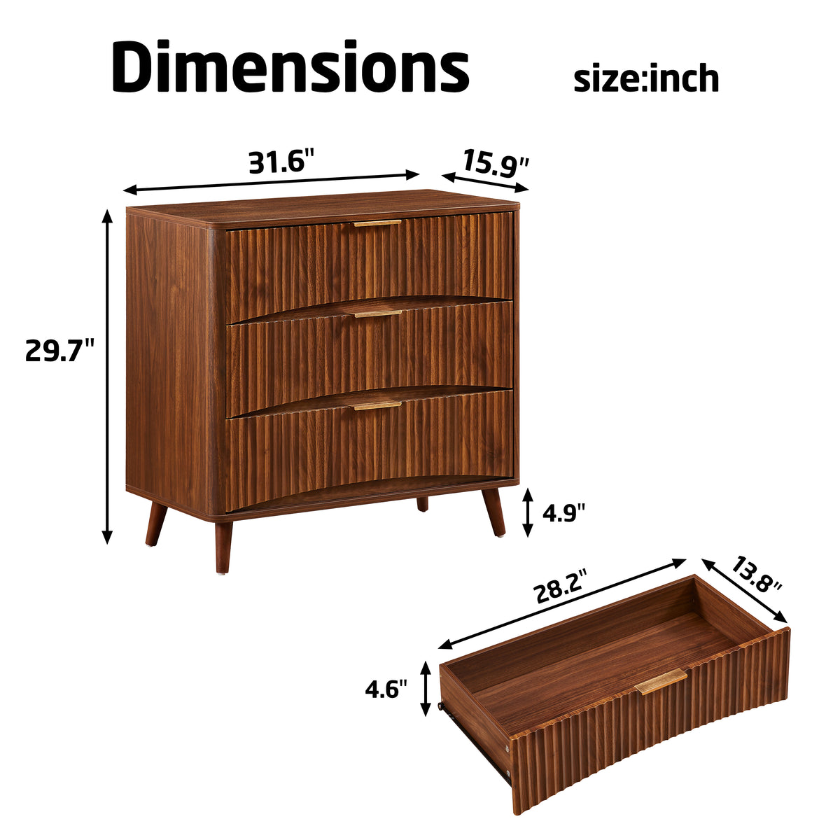Fluted Walnut 3-Drawer Dresser, Set of 2 - Elirian
