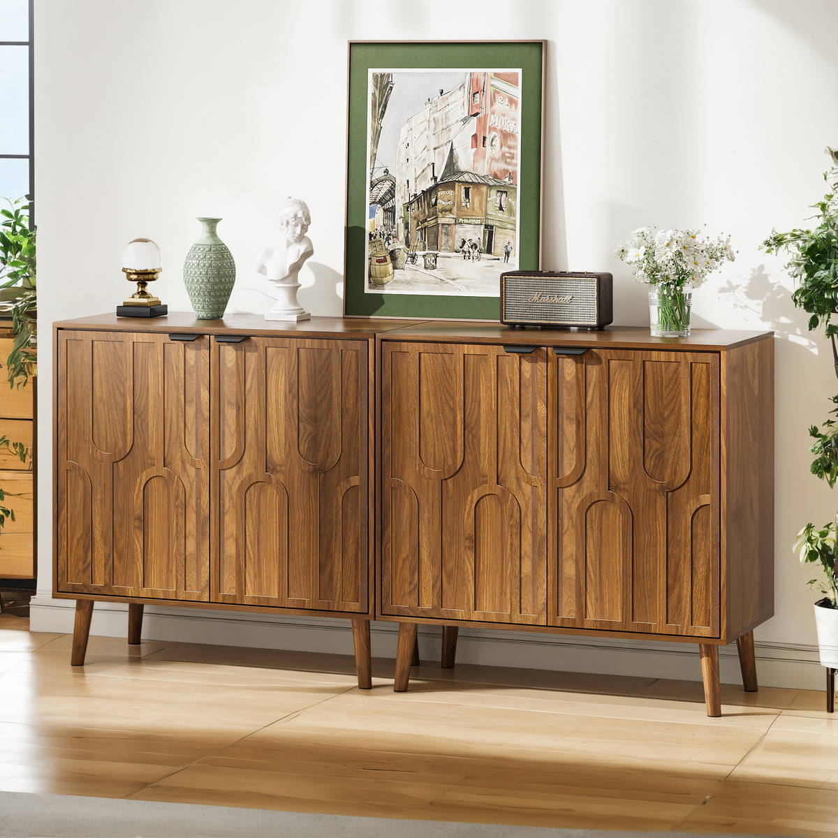 Farmhouse Walnut Sideboard Buffet Cabinet with Slatted Doors, 31.5" W - Elirian