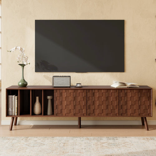 Walnut Mid-Century Modern TV Stand - solid wood legs, woven front panels, open shelving - Elirian