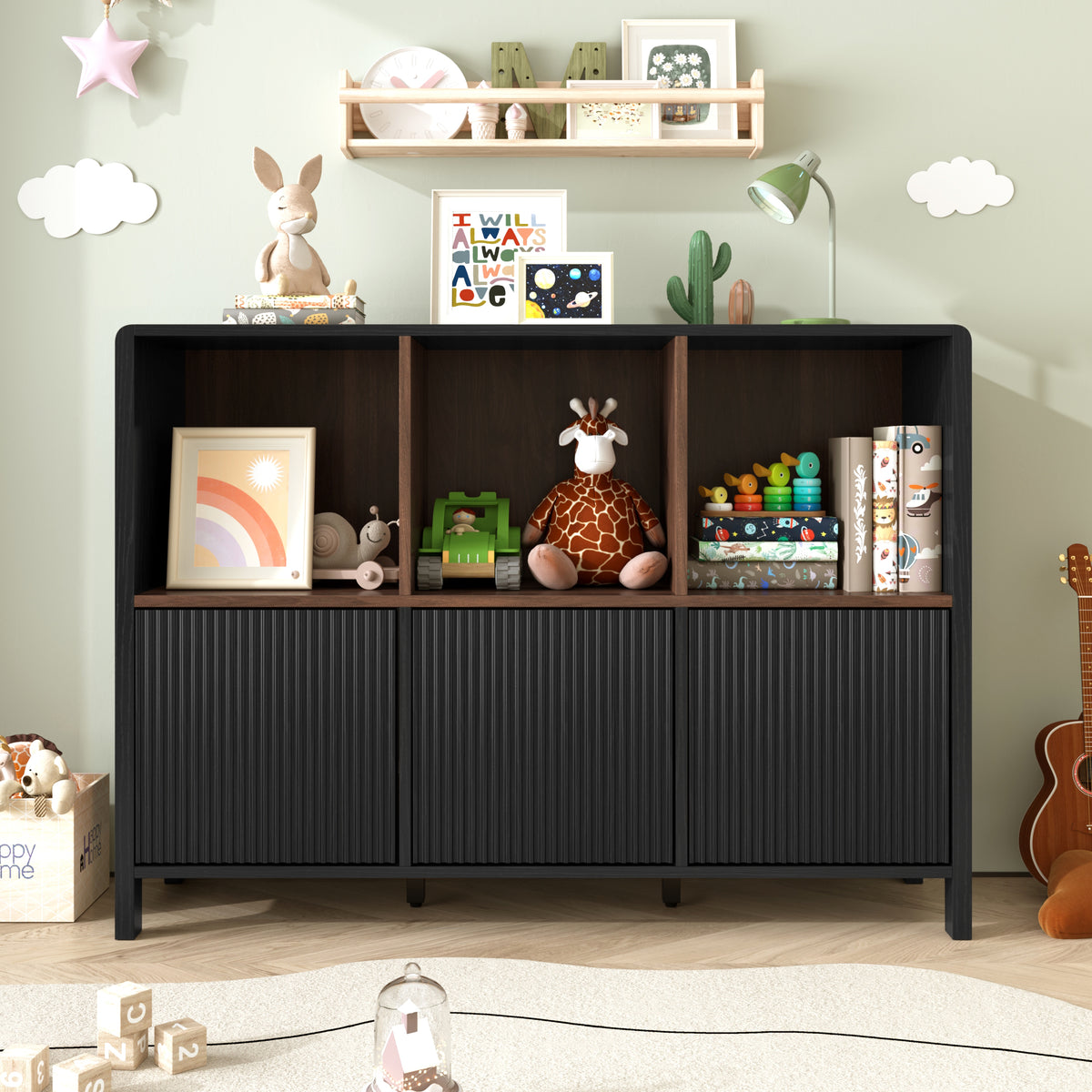 Black Fluted 3-Door Storage Cabinet with Open Display Shelves - Elirian