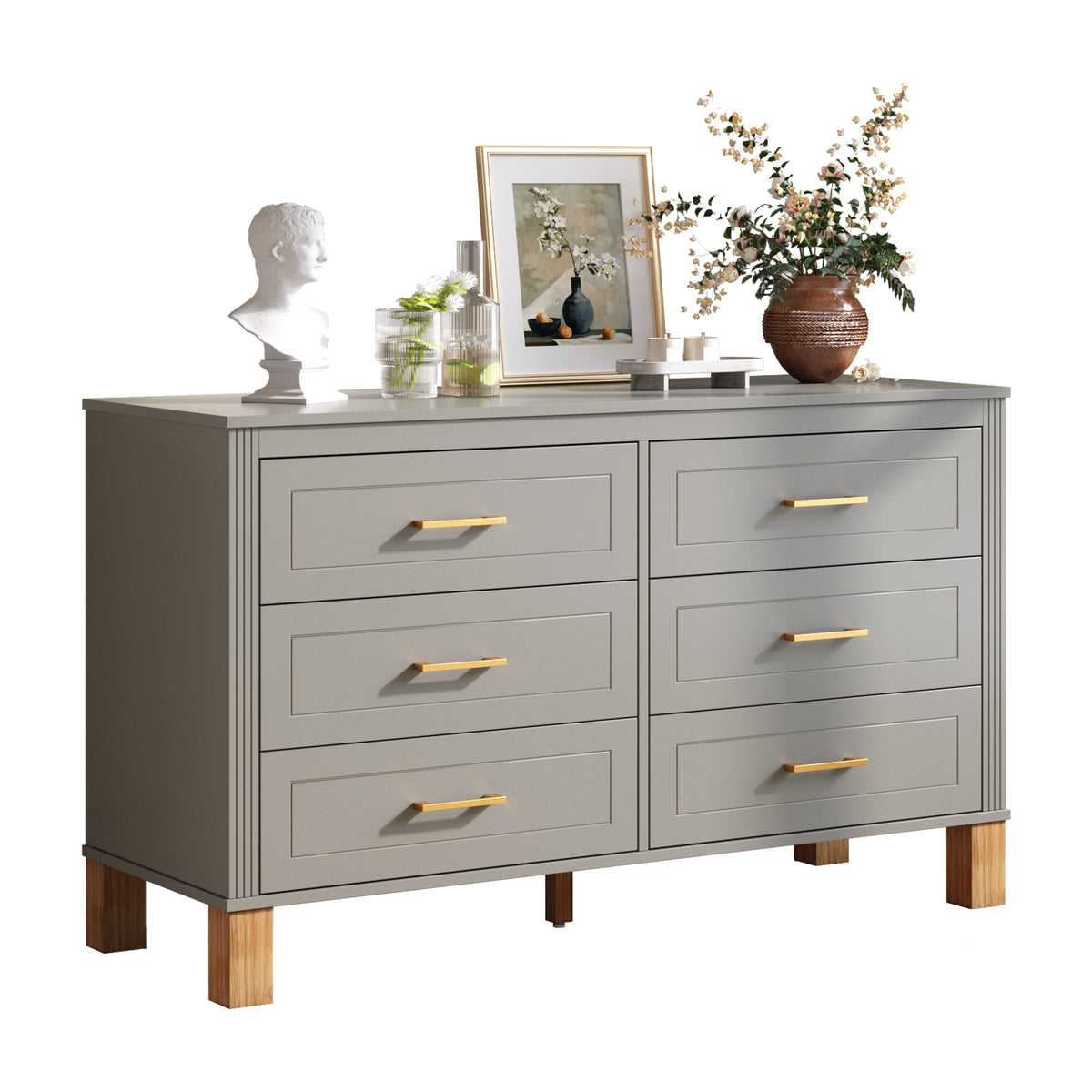 Gray 6-Drawer Double Dresser with Metal Handles and Solid Wood Legs - Elirian