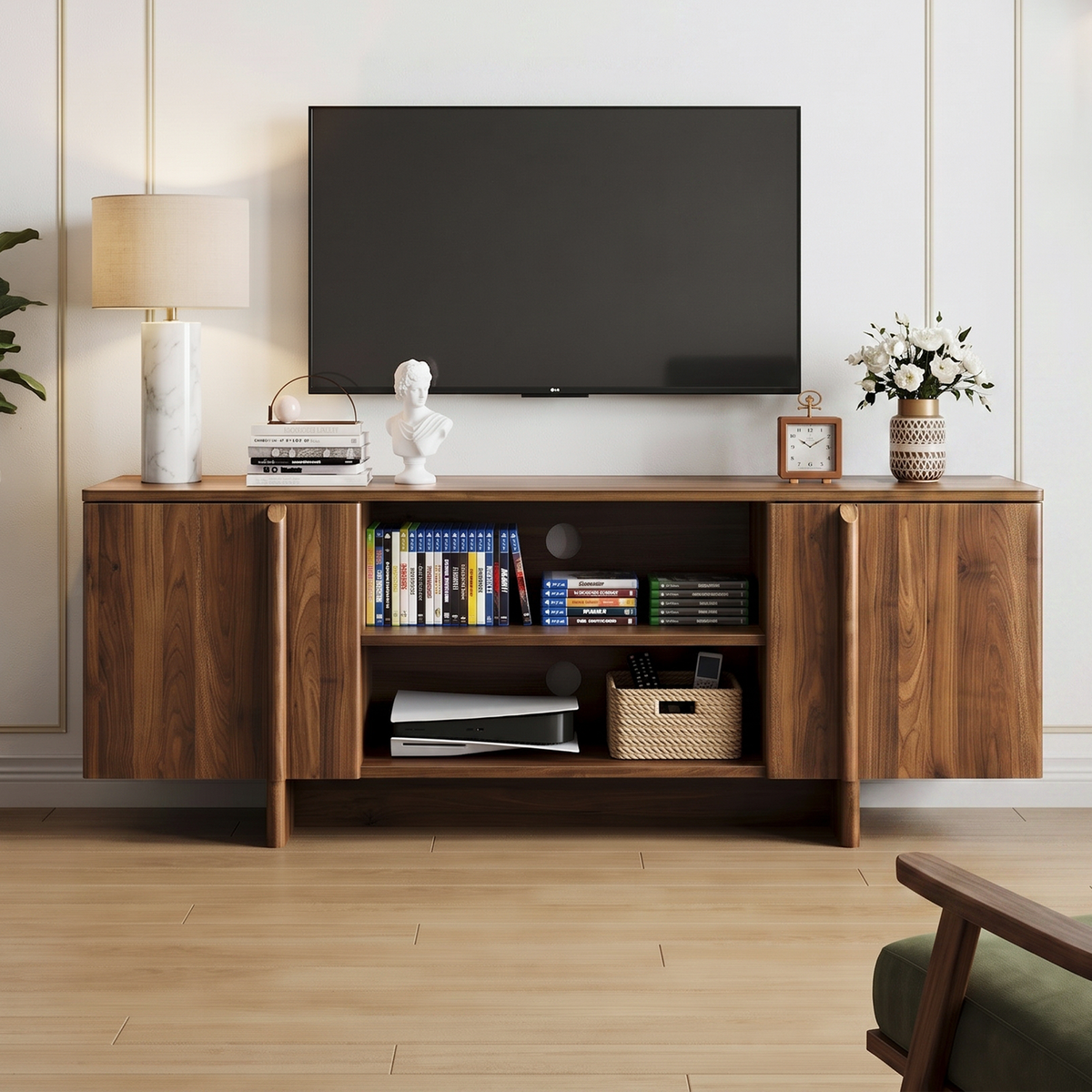 Mid-century walnut TV stand with double doors and open shelving for modern living rooms - Elirian
