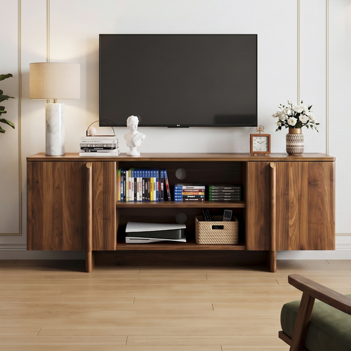 Mid-century walnut TV stand with double doors and open shelving for modern living rooms - Elirian