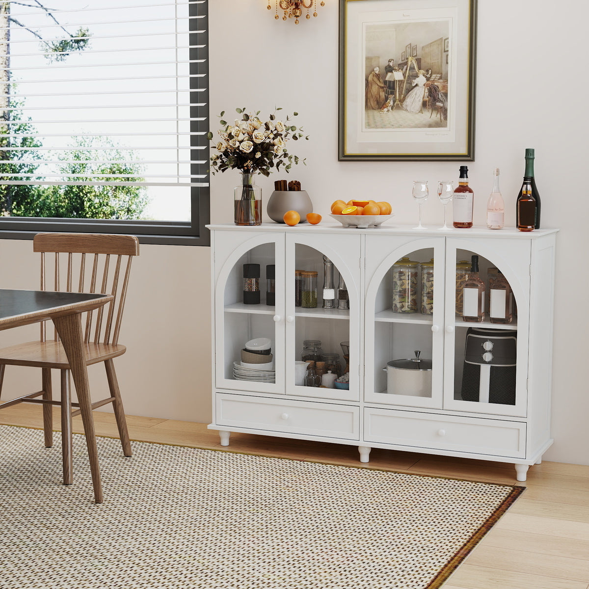 White Arched Glass Sideboard Buffet Cabinet with 2 Drawers and 4 Glass Doors - Elirian