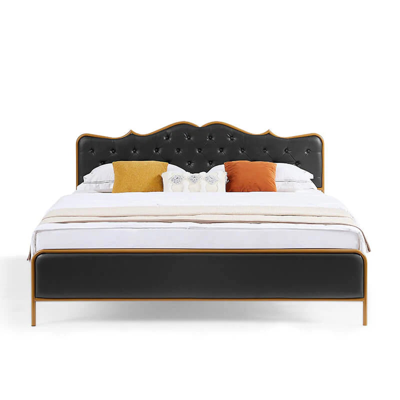 King Size Black Upholstered Platform Bed Frame with Curved Headboard