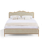 King Size Light Caramel Upholstered Platform Bed Frame with Curved Headboard