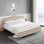 King Size Light Caramel Upholstered Platform Bed Frame with Curved Headboard