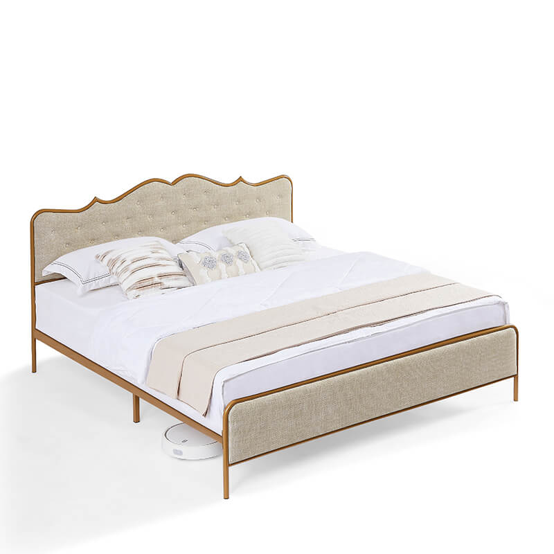 King Size Light Caramel Upholstered Platform Bed Frame with Curved Headboard