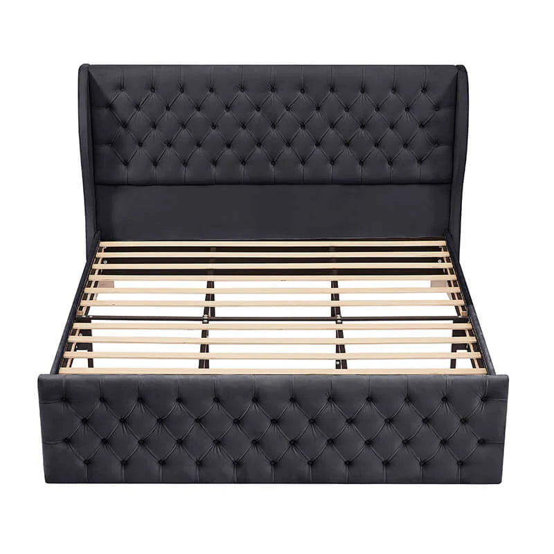 King Size Black Velvet Wingback Bed Frame with Button-Tufted Headboard and Footboard