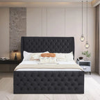 King Size Black Velvet Wingback Bed Frame with Button-Tufted Headboard and Footboard