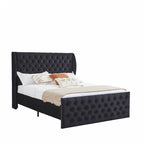 King Size Black Velvet Wingback Bed Frame with Button-Tufted Headboard and Footboard