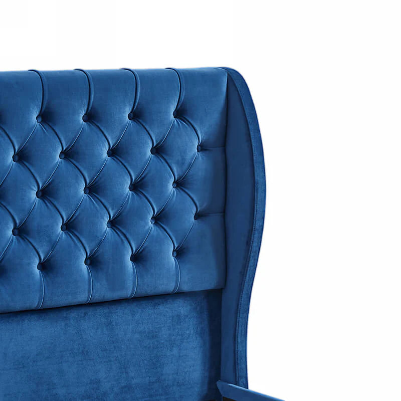 King Size Blue Velvet Wingback Bed Frame with Button-Tufted Headboard and Footboard