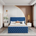 King Size Blue Velvet Wingback Bed Frame with Button-Tufted Headboard and Footboard