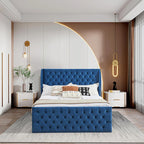 King Size Blue Velvet Wingback Bed Frame with Button-Tufted Headboard and Footboard