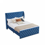 King Size Blue Velvet Wingback Bed Frame with Button-Tufted Headboard and Footboard