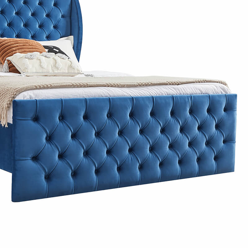 King Size Blue Velvet Wingback Bed Frame with Button-Tufted Headboard and Footboard