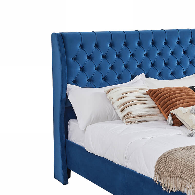 King Size Blue Velvet Wingback Bed Frame with Button-Tufted Headboard and Footboard