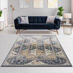 84" Tiled Border Woven Area Rug in Blue and Cream
