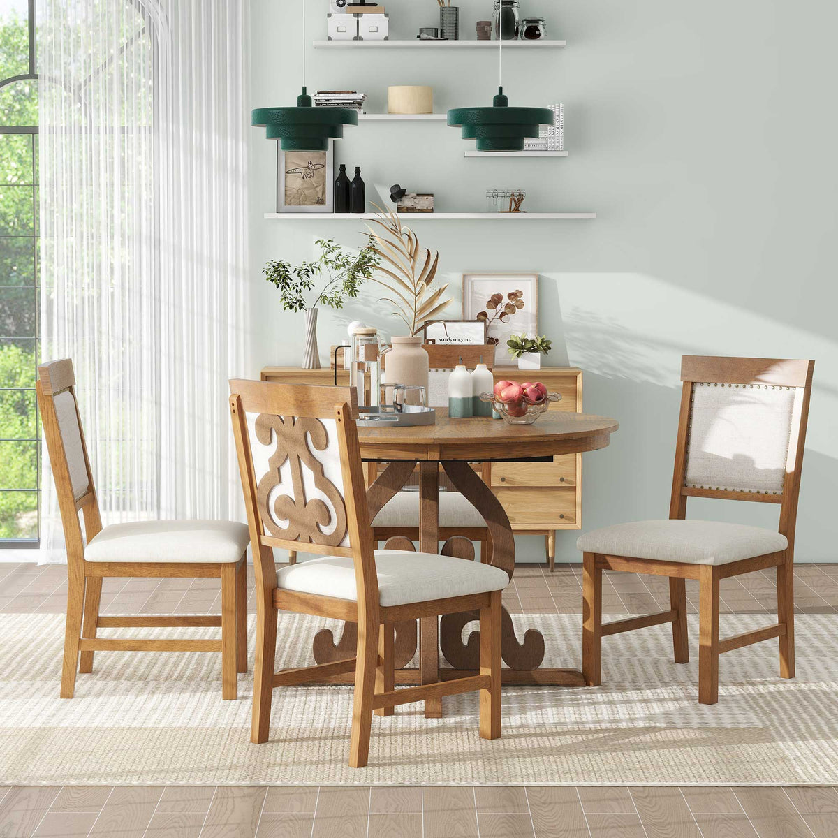 Retro Extendable Dining Set with 4 Upholstered Chairs, Walnut - Elirian