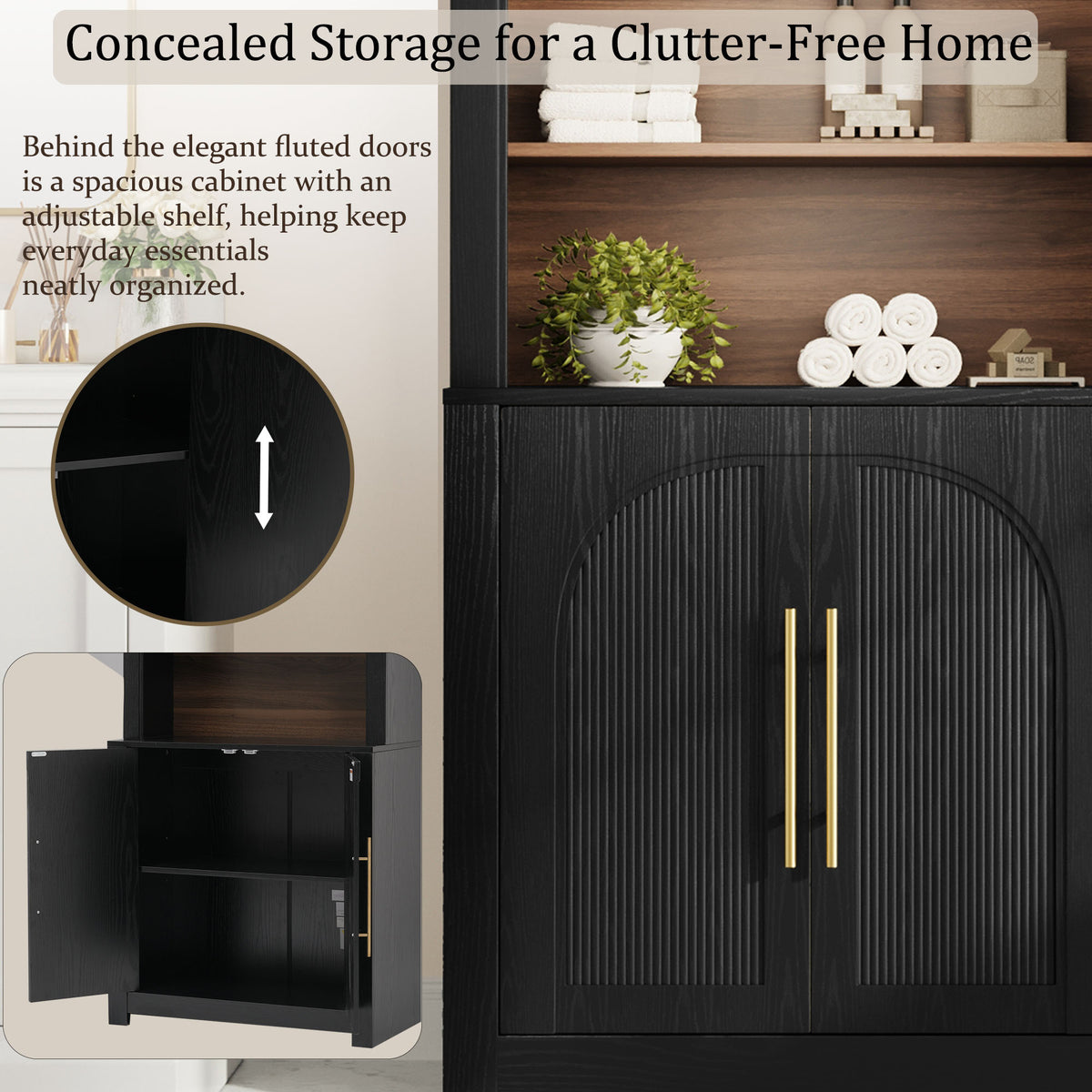 Black Arched Bookcase with Storage Cabinet and Open Display Shelves - Elirian