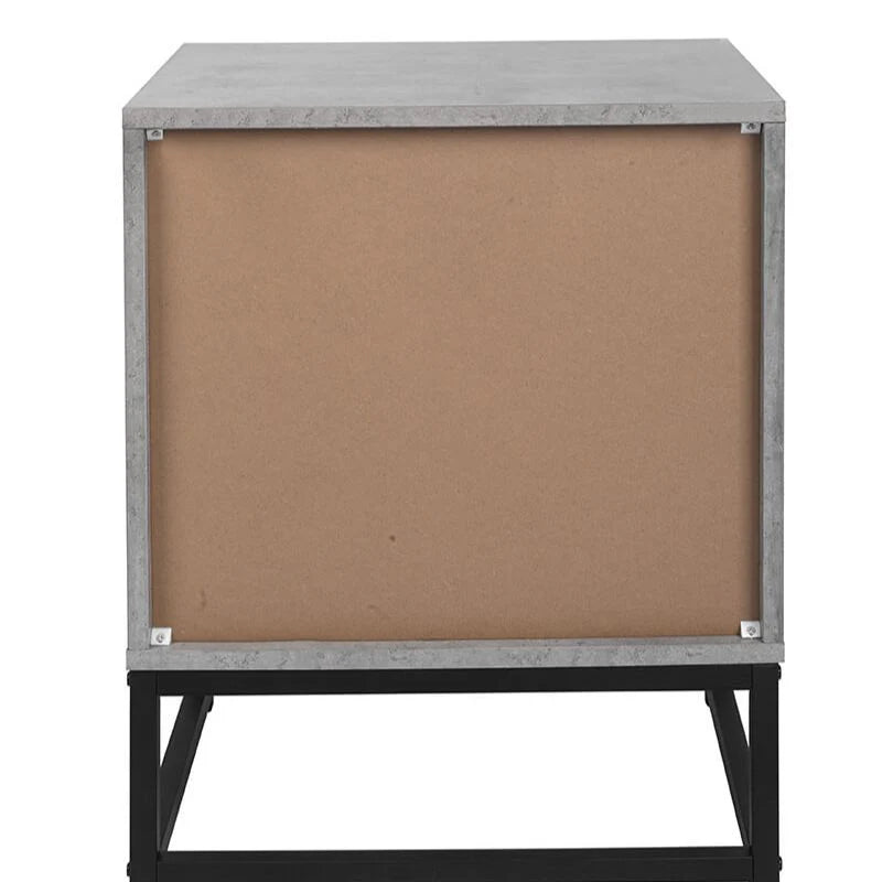 Cement Grey Geometric Nightstand with Two Drawers and Iron Frame