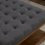 Tufted Linen Ottoman Coffee Table with Wood Shelf, Charcoal - Elirian