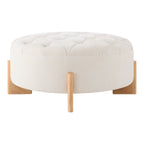 Round Tufted Chenille Ottoman with Solid Wood Legs, Beige - Elirian