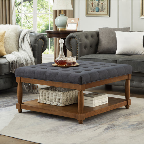 Tufted Linen Ottoman Coffee Table with Wood Shelf, Charcoal - Elirian