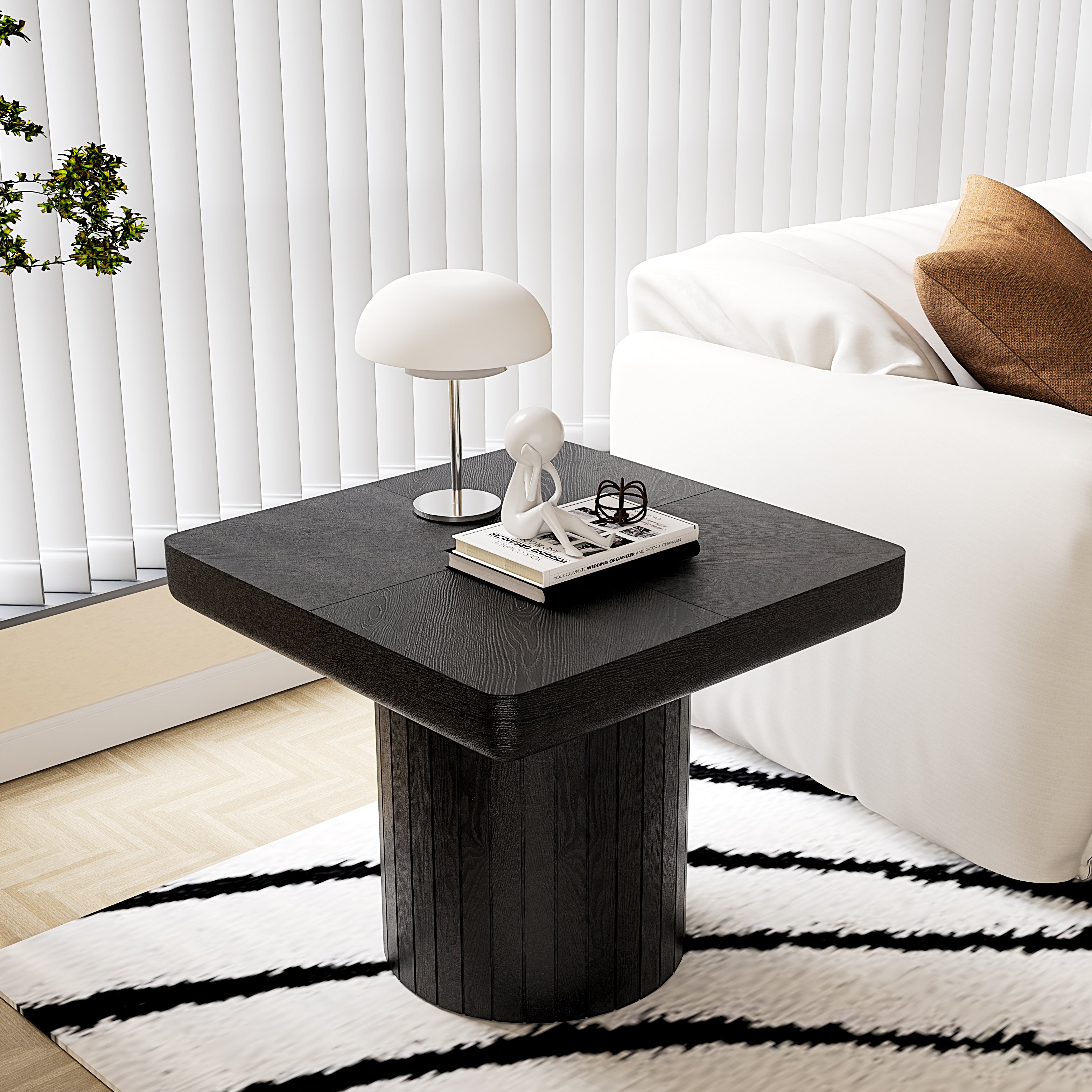 Nesting Coffee Table Set with Fluted Pedestal, Natural Wood & Black - Elirian