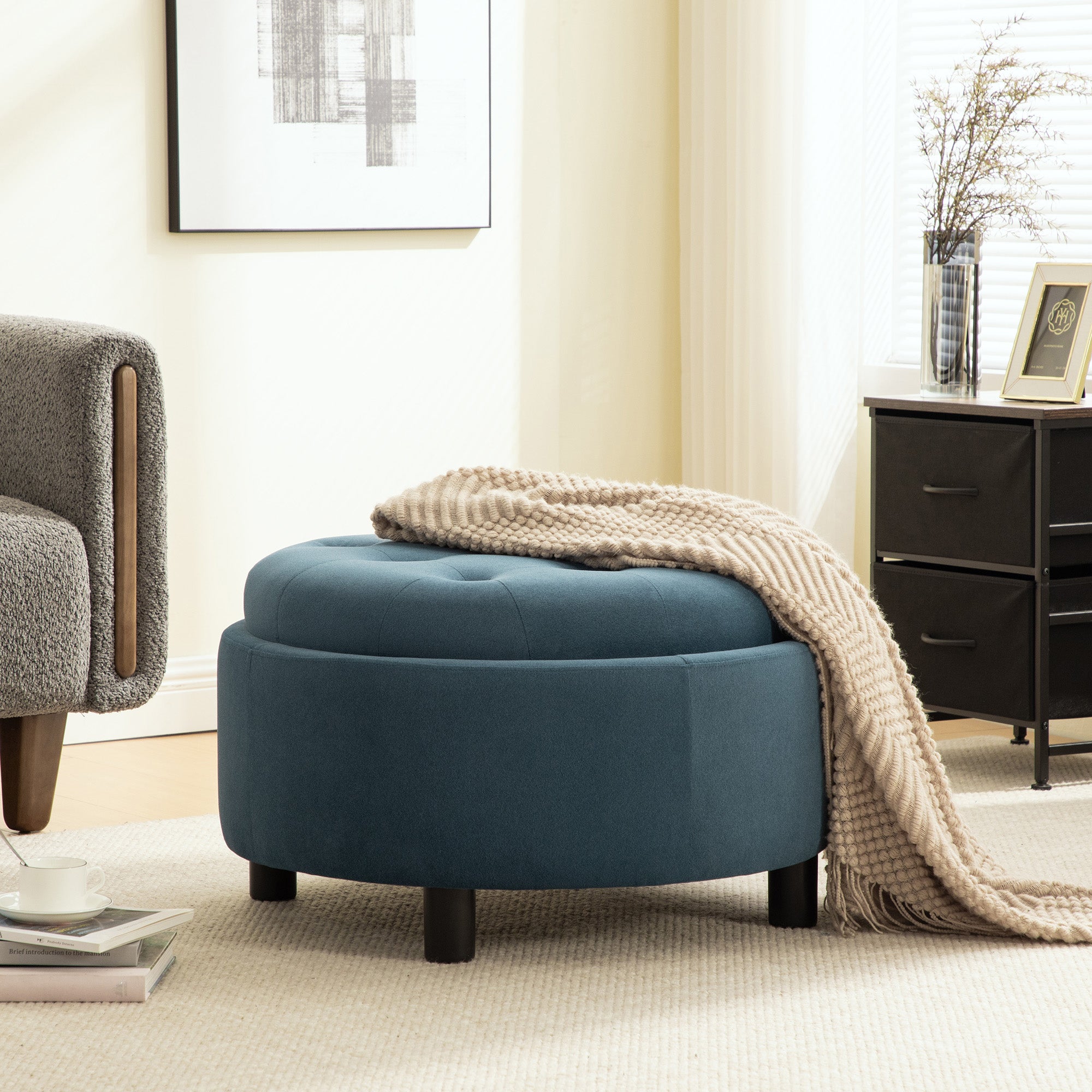Round Storage Ottoman with Reversible Lid, Blue Fleece - Elirian