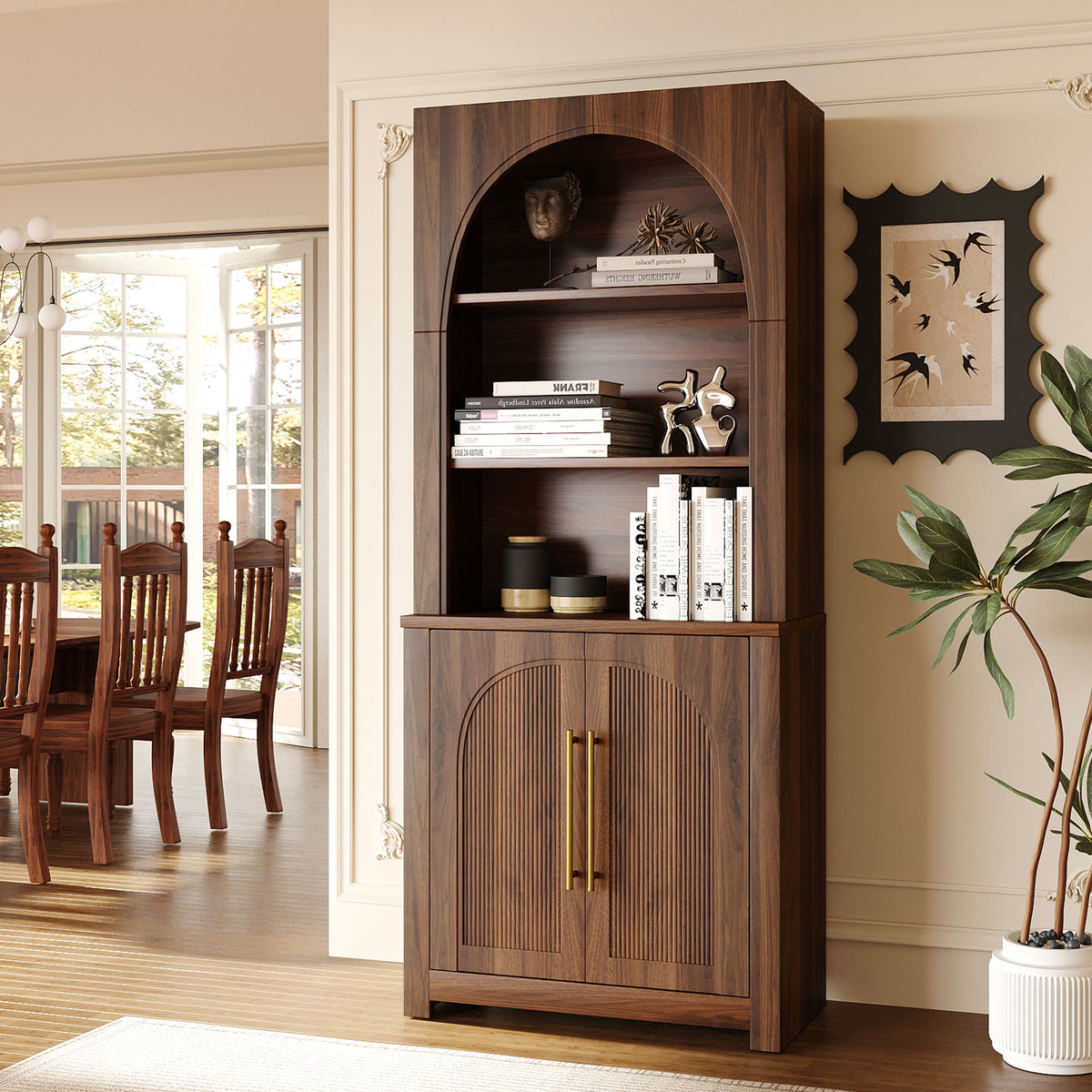 Walnut Arched Bookcase with Storage Cabinet and Open Display Shelves - Elirian