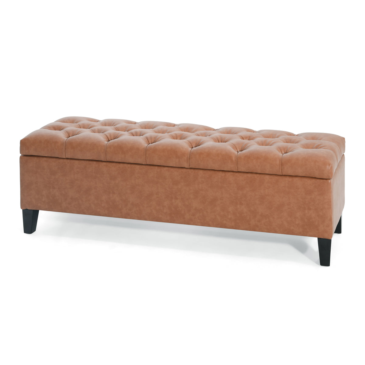 Cognac Brown Button Tufted Storage Ottoman in Faux Leather - Elirian