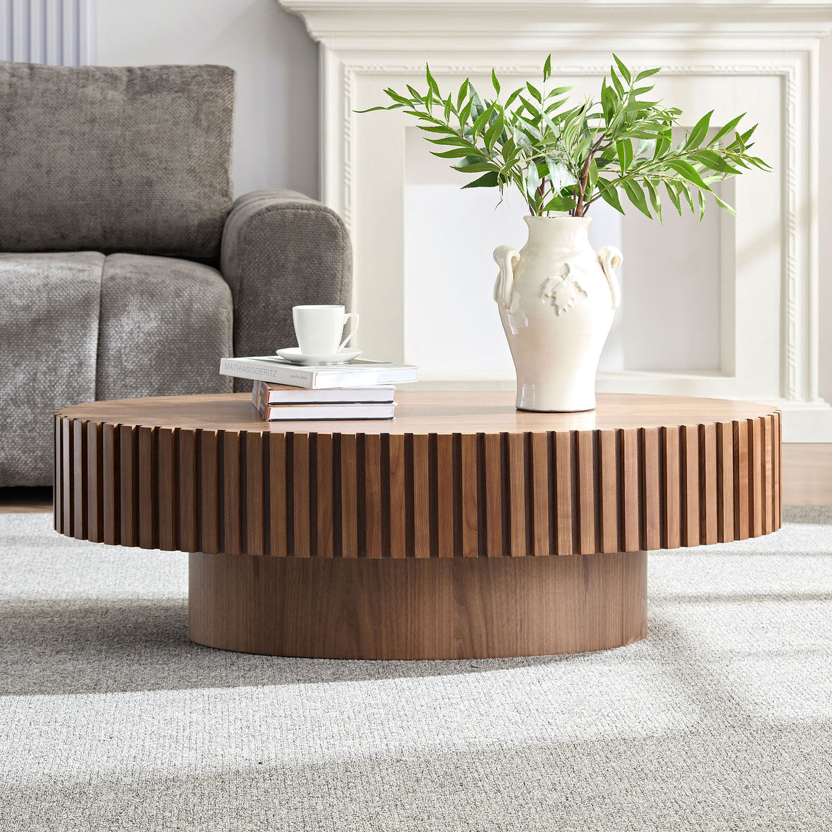 Handcrafted Oval Drum Coffee Table in Walnut - Elirian