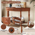 Solid Wood Half Moon Console Table with Drawer and Shelf, Fluted Front, Carved Roman Column Legs, Rustic Walnut - Elirian