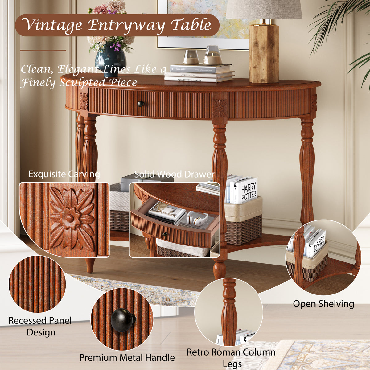 Solid Wood Half Moon Console Table with Drawer and Shelf, Fluted Front, Carved Roman Column Legs, Rustic Walnut - Elirian