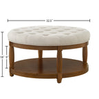 Round Tufted Linen Storage Ottoman Coffee Table, Ivory - Elirian