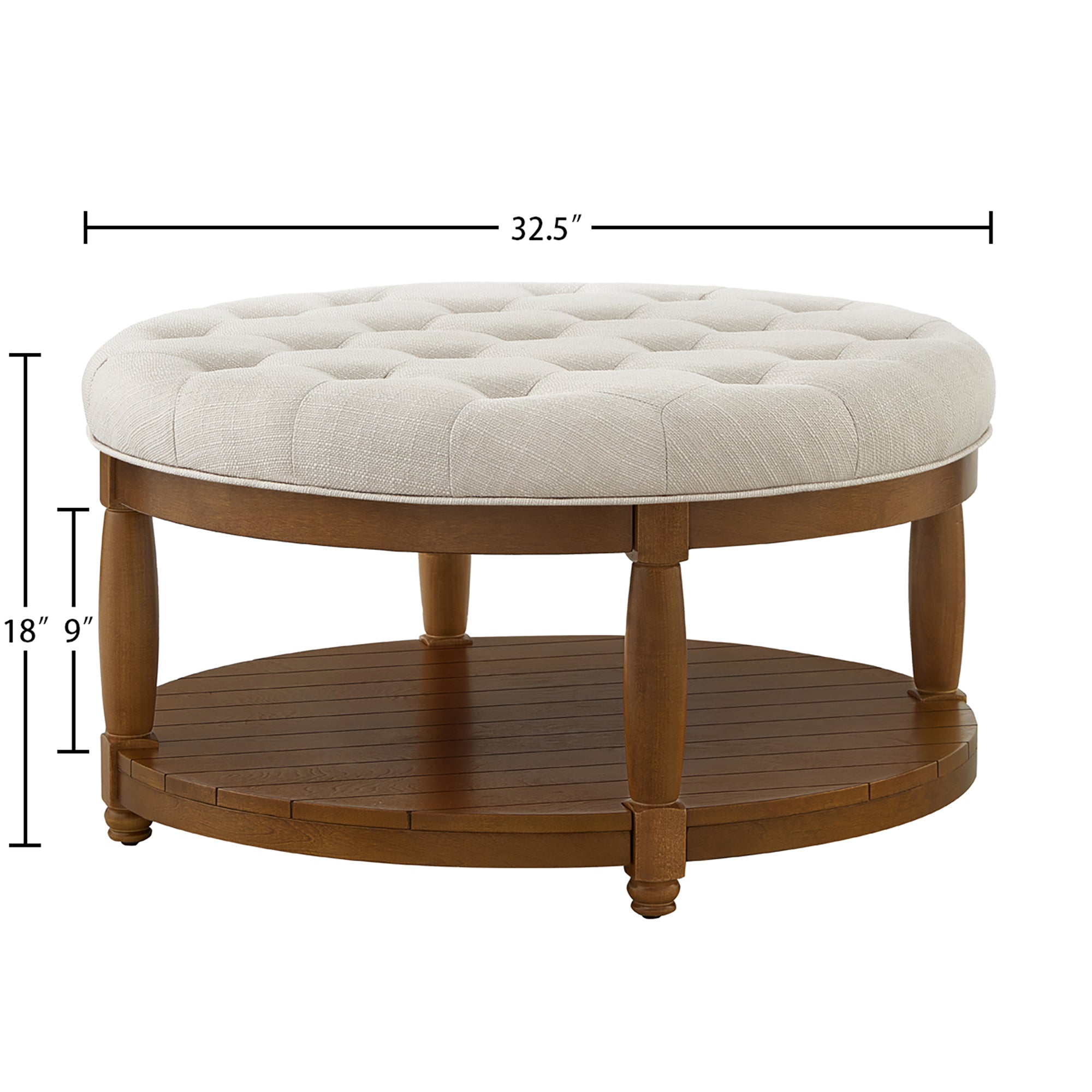 Round Tufted Linen Storage Ottoman Coffee Table, Ivory - Elirian