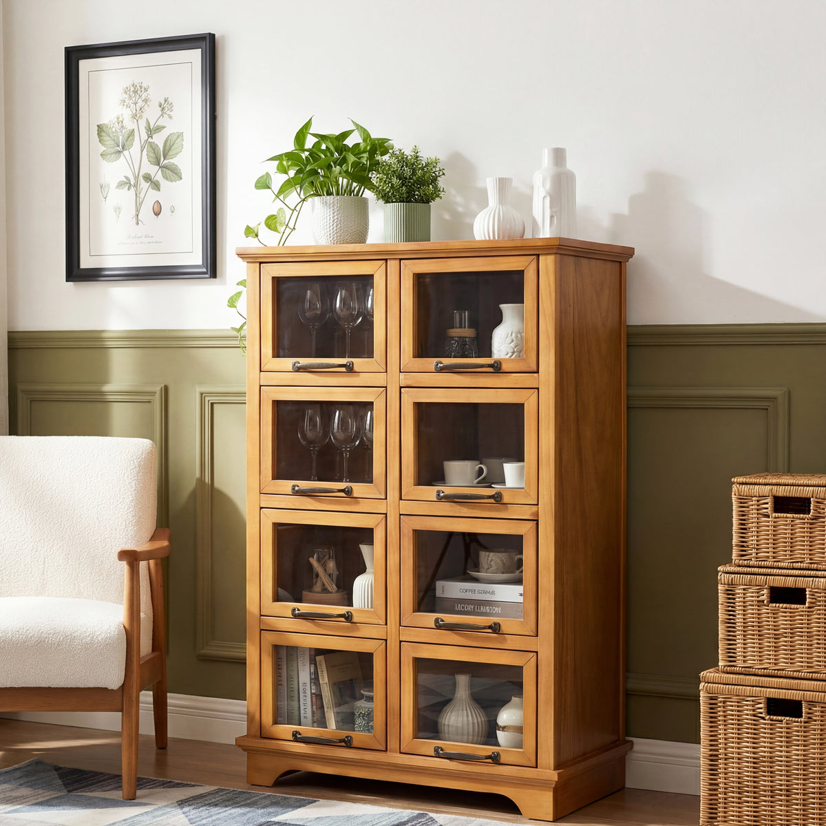 Natural wood glass-front display cabinet with eight doors, perfect for modern home decor storage - Elirian