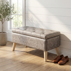 Velvet Storage Ottoman Bench with Built-in Tray, Grey - Elirian