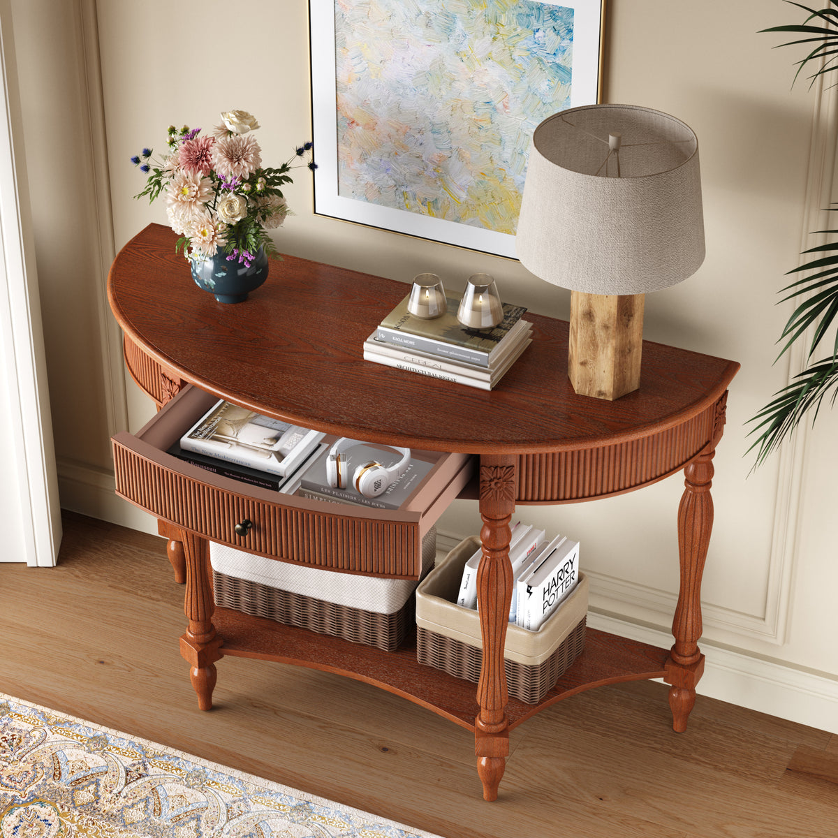 Solid Wood Half Moon Console Table with Drawer and Shelf, Fluted Front, Carved Roman Column Legs, Rustic Walnut - Elirian